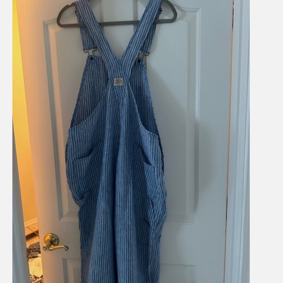 FAHERTY Linen Topsail Railroad Blue Stripe Mechanic Overalls Straight Leg Large - Picture 8 of 14